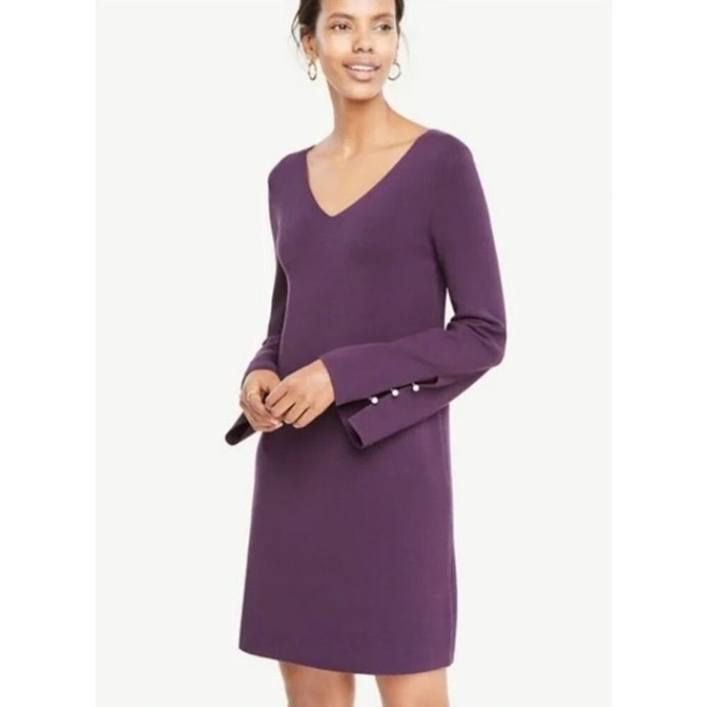 Ann Taylor Knit Purple Dress Pearl Detail Style 455140 Size S Rayon Classic Work
